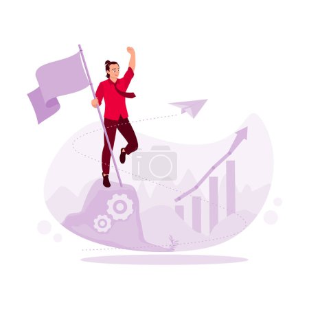 Illustration for Portrait of a successful businessman on a mountain carrying a pen. Trend Modern vector flat illustration. - Royalty Free Image