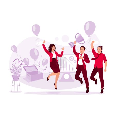 Ilustración de Empresarios y empleados celebran el éxito, saltando felizmente con trofeos y rodeados de globos. Tendencia Moderno vector ilustración plana. - Imagen libre de derechos