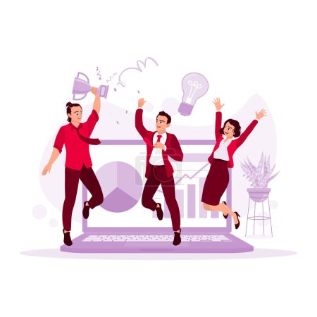 Illustration for The group of creative young people jumping and having fun, celebrating the success of a creative idea and carrying a trophy. Trend Modern vector flat illustration. - Royalty Free Image