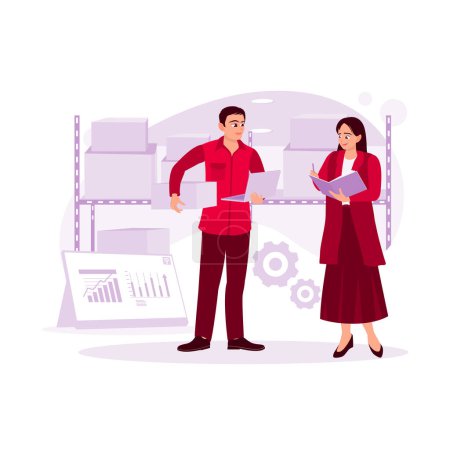 Illustration for Two warehouse workers inspect carton boxes and record and carry boxes ready to be shipped. Trend Modern vector flat illustration. - Royalty Free Image