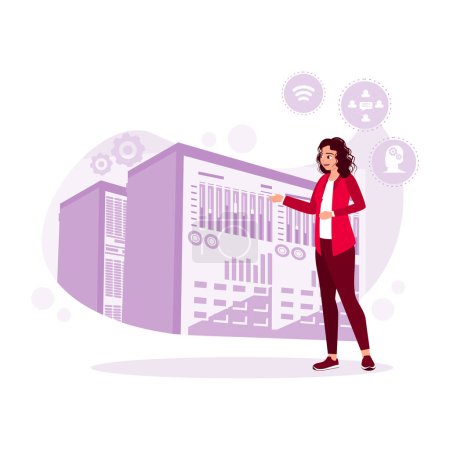Illustration for Female engineer working professionally in a network server room. Trend Modern vector flat illustration. - Royalty Free Image