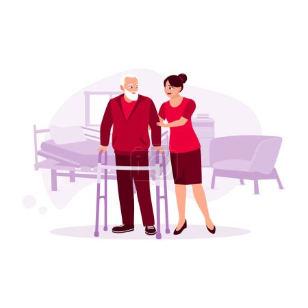 Illustration for Portrait of a female nurse helping an elderly male patient in the nursing home using walker crutches. Trend Modern vector flat illustration. - Royalty Free Image