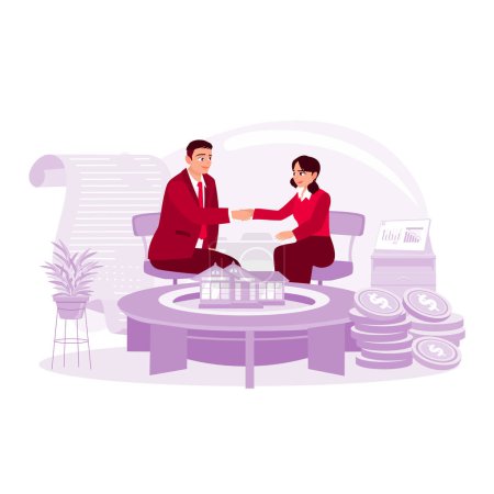 Illustration for Real estate agent and client shake hands and sign a buy and sell contract. Trend Modern vector flat illustration. - Royalty Free Image