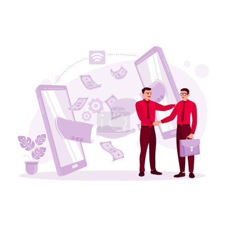 Illustration for Two business colleagues shaking hands and a happy, successful transaction. Finance concept, online money transaction, and online business. Trend Modern vector flat illustration. - Royalty Free Image