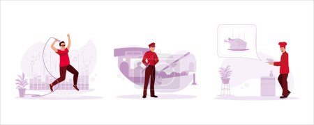 Illustration for The professional singer sings a song happily. Security officers stood firm in front of the security post. A chef ready to serve the results of his cooking. Trend modern vector flat illustration. - Royalty Free Image
