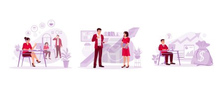 Illustration for Friendly young female worker in the call center. Two workers are discussing business in the office. Young businessman busy working in front of a laptop. Trend modern vector flat illustration. - Royalty Free Image