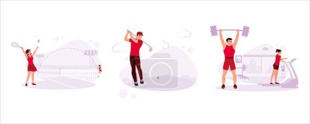 Illustration for Young girls were playing tennis in full costumes. Professional golf player ready to score points with his golf club. Two sportsmen were exercising in the gym. Trend modern vector flat illustration. - Royalty Free Image