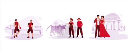 Illustration for Two boxing athletes are ready to fight in the boxing ring. Happy young couple looking at cows on their farm. A couple in love is toasting. Trend modern vector flat illustration. - Royalty Free Image