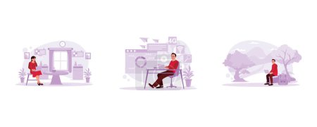 Illustration for Female blogger working at home with a laptop. Male freelancer working and analyzing data with 4G internet. Male adventurer writing on the laptop with a mountain view. Trend Modern vector flat illustration. - Royalty Free Image