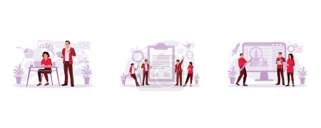 Illustration for Young boss talking about the project with the employee. Young business people gather and celebrate successful business agreements. Business creative team discussing rising chart. Trend Modern vector flat illustration. - Royalty Free Image