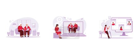 Illustration for An elderly couple sat together on the sofa, watching a funny video. Young women are sitting and communicating with grandparents via video call. View of businesswomen having online meetings. Trend Modern vector flat illustration. - Royalty Free Image
