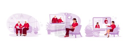 Illustration for Old couple spending time together while watching funny videos. A girl sits and makes a video call with her grandparents. Businesswoman uses an internet connection for online meetings. Trend Modern vector flat illustration. - Royalty Free Image