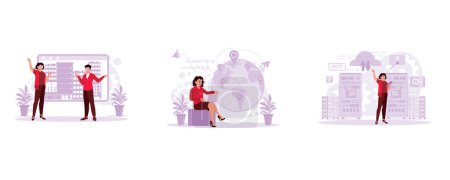Illustration for Two young architects are wearing special glasses and working with 3D models. Businesswoman is sitting and accessing a laptop with a futuristic network and hologram. Female engineer working with a tablet in the server room. Trend Modern vector flat il - Royalty Free Image
