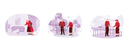 Ilustración de En el momento en que el nieto abraza a la abuela y juega con el gato. Retrato de una pareja de ancianos caminando con caminantes en el parque. Una pareja de ancianos estaba de pie con palos en la barandilla de la playa. Tendencia Moderno vector ilustración plana. - Imagen libre de derechos