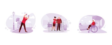 Illustration for Old sportsman doing light exercise outdoors. The nurse helps a patient learn to walk with an assistive device. The older woman was sitting in a wheelchair by the window. Trend Modern vector flat illustration. - Royalty Free Image