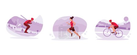 Illustration for Ski athletes go fast on the snow. Female runners step fast. a Male cyclist was travelling at high speed. Trend Modern vector flat illustration. - Royalty Free Image