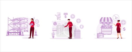Illustration for Retail employees record and record goods. Businessman with innovative retail concept via smartphone. Supermarket female employees are promoting products. Trend Modern vector flat illustration. - Royalty Free Image