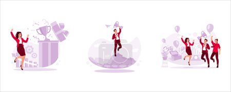 Illustration for Businesswoman jumping; happily, businessman man holding a trophy and standing on the mountain. Teamwork mates jumping happily, celebrating success. Trend Modern vector flat illustration. - Royalty Free Image