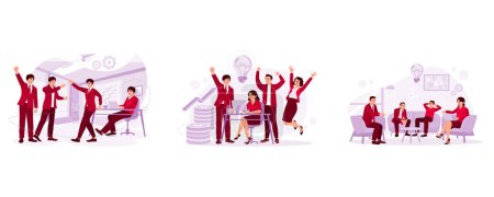 Illustration for Business teams get together and celebrate project success. The creative team gets together and celebrates victory. Groups of young people get together, discuss and exchange ideas. Trend Modern vector flat illustration. - Royalty Free Image
