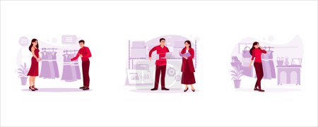 Illustration for Young woman shopping in a boutique with the help of a male salesperson. Two workers data goods in the warehouse. The boutique owner was standing and talking on the cell phone. Trend Modern vector flat illustration. - Royalty Free Image