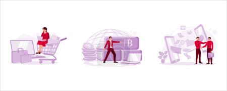Illustration for Women are sitting on trolleys and shopping online. Businessman pressing bitcoin symbol and icon. Two business colleagues transacting and shaking hands. Trend Modern vector flat illustration. - Royalty Free Image