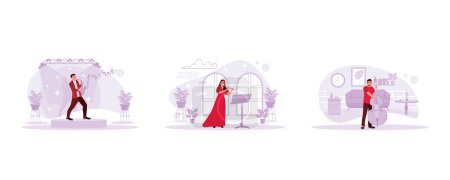 Illustration for Male musician playing saxophone on stage. Beautiful woman playing the flute. Young musician playing double bass. Trend Modern vector flat illustration. - Royalty Free Image