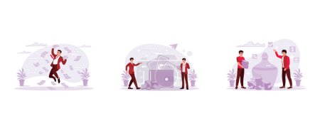 Illustration for The young man in a suit jumps with the story and brings money. Two men are standing between wallets filled with money. Two men with clay boxes and money. Trend Modern vector flat illustration. - Royalty Free Image