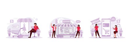 Illustration for The youth sat back and opened the marketplace. Male salesperson doing promotion. Two women open an omni-channel business app. Trend Modern vector flat illustration. - Royalty Free Image