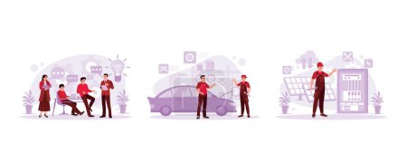 Illustration for Creative team meeting and solving problems. Mechanic repairs customer's car. The technician checks the solar panel switchgear compartment. Trend Modern vector flat illustration. - Royalty Free Image