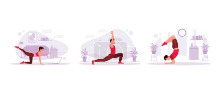Ilustración de Mujer asiática ejercita los músculos viendo videos en una computadora portátil. Joven guapo practicando yoga al aire libre. Vista lateral de un hombre practicando yoga en una pose de escorpión. Tendencia Moderno vector ilustración plana. - Imagen libre de derechos