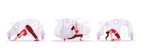 Téléchargez les illustrations : Portrait de trois femmes pratiquant le yoga paisiblement dans un appartement, un studio et à la maison. Tendance Illustration plate vectorielle moderne. - en licence libre de droit