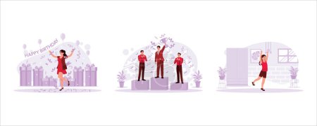 Illustration for Beautiful girl celebrating her birthday, three businessmen standing on the podium, a cheerful little girl celebrating happiness. Celebration concept. Set Trend Modern vector flat illustration - Royalty Free Image