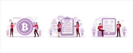 Illustration for Woman with a megaphone, and man holding Bitcoin, a manager holding a pen, and a boss with a digital tablet. Finance control scenes concept. Set Trend Modern vector flat illustration - Royalty Free Image