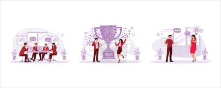 Illustration for Multicultural business people are sitting and gathering, celebrating office success, businesspeople exchanging thoughts. The atmosphere in the office concept. Set Trend Modern vector flat illustration - Royalty Free Image