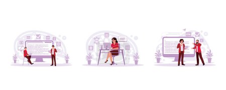 Illustration for Company process development structure, Industrial Beautiful and Confident Woman working on Computer, bearded man explaining web code to colleagues in the office. Set Trend Modern vector flat illustration - Royalty Free Image