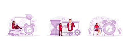 Illustration for The scared character of being unable to complete a project on time, a woman doing assignments online, and employees hurrying to finish many documents within the deadline. Set Trend Modern vector flat illustration - Royalty Free Image