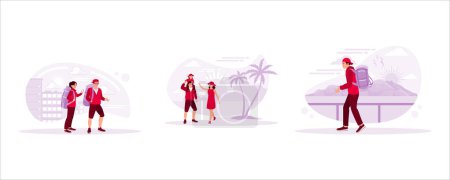 Illustration for A couple of tourists with two bags walking towards the vacation spot, a Nice family vacation, a young man walking along the beach. Set Trend Modern vector flat illustration - Royalty Free Image