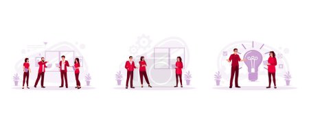 Illustration for Team of people standing in one corner of the office, a woman gesturing and discussing something, Happy business people sharing new ideas and discussing business ideas in a group. Set Trend Modern vector flat illustration - Royalty Free Image