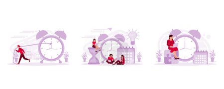 Illustration for Business people pull the clock in the time management concept, small business people are in front of the watch, calendar, and giant hourglass, and businesswomen relax on the puzzle. Set Trend Modern vector flat illustration - Royalty Free Image