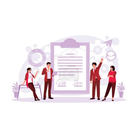 Illustration for Group of teamwork colleagues having fun and celebrating successful business contract signing in the office. Trend Modern vector flat illustration. - Royalty Free Image