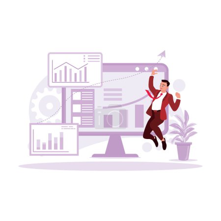 Illustration for Young businessman, jumping with joy, celebrating success in increasing profit or company profit. Trend Modern vector flat illustration. - Royalty Free Image