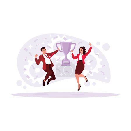 Illustration for Two young employees jumped high while carrying a big trophy and celebrating team victory happily. Trend Modern vector flat illustration. - Royalty Free Image