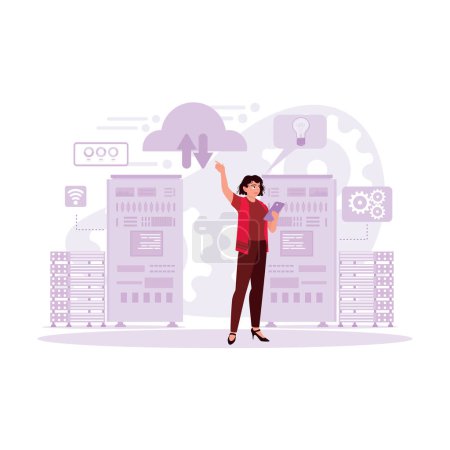 Illustration for The young female engineer with a tablet is working with professionals in the network server room. Trend Modern vector flat illustration. - Royalty Free Image