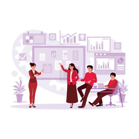 Illustration for Business people meet in the office, sharing ideas and discussing sticky notes on the board. Trend Modern vector flat illustration. - Royalty Free Image