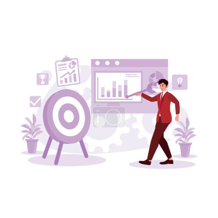 Illustration for Businessman is holding an arrow and trying to hit the center of the target. Successful business strategy concept. Trend Modern vector flat illustration. - Royalty Free Image