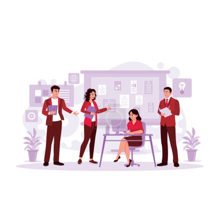 Illustration for Group of young business people in the office, discussing and brainstorming, looking at the computer screen. Trend Modern vector flat illustration. - Royalty Free Image