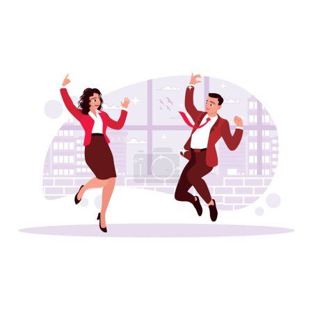 Ilustración de Retrato de un hombre y una mujer animando y saltando felizmente, celebrando la victoria. Tendencia Moderno vector ilustración plana. - Imagen libre de derechos