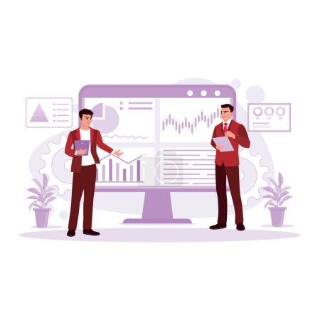 Illustration for Business meeting presentations conducted by business people, showing data, graphs, and sales to investors. Trend Modern vector flat illustration. - Royalty Free Image