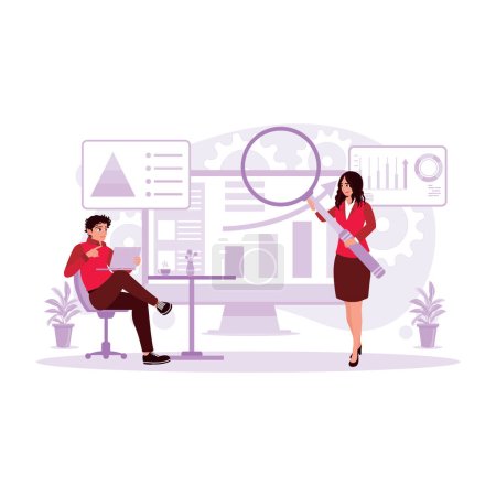 Illustration for Display charts and graphs on a computer screen and analyzed by two employees. Concept of business accounting and statistics. Trend Modern vector flat illustration. - Royalty Free Image