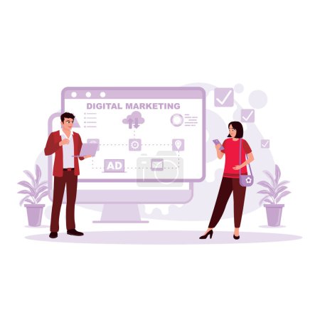 Illustration for Digital marketing strategies are carried out by young male and female employees accessing digital advertising via mobile phones. Trend Modern vector flat illustration. - Royalty Free Image